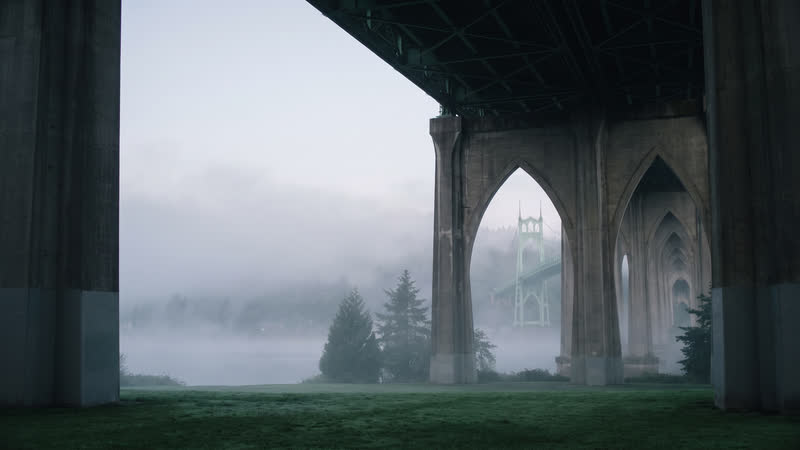 AI-rendered still of the Cathedral Park arches
